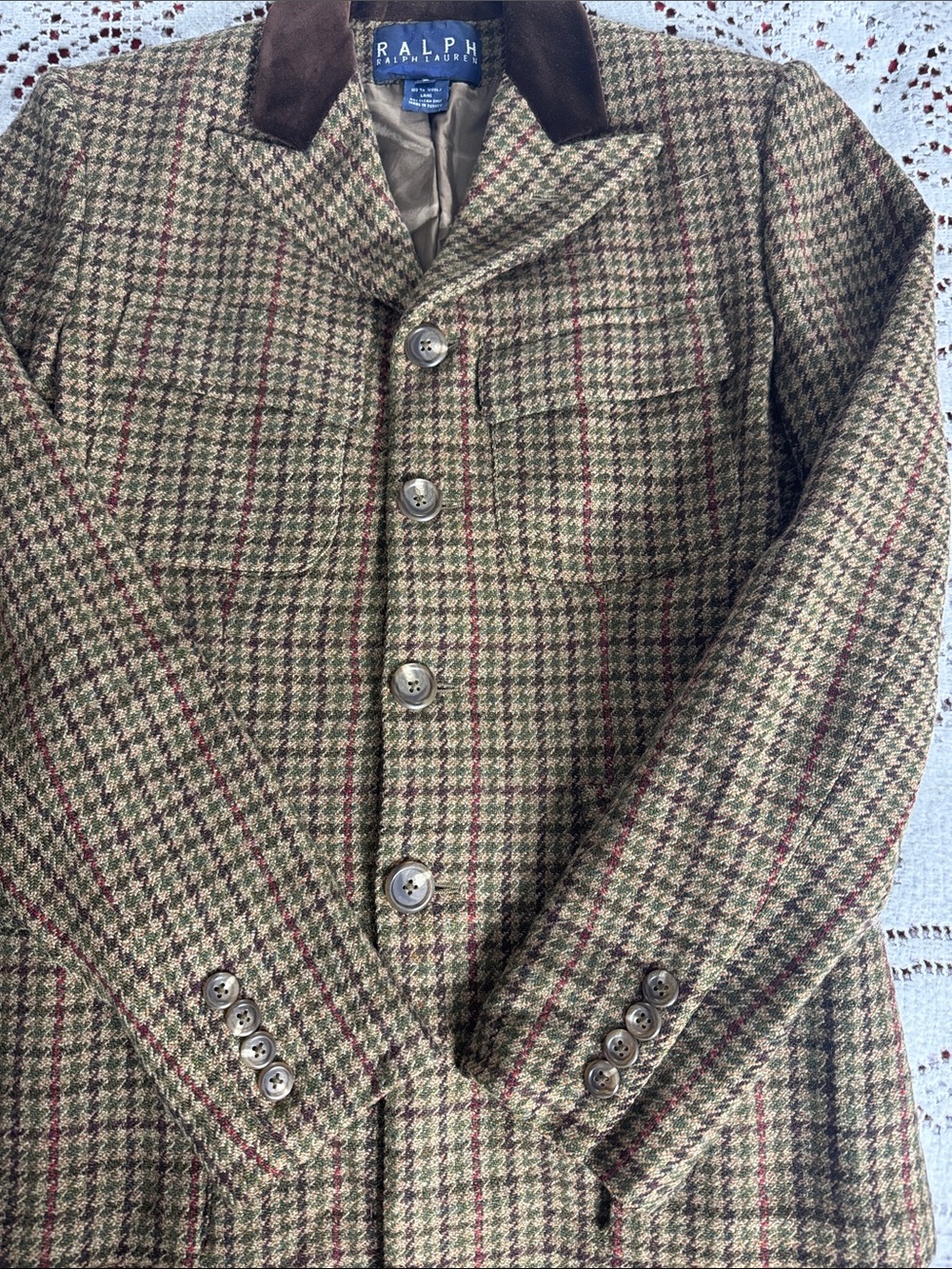 Ralph Lauren Brown Houndstooth Wool Pantsuit with Dark Brown Corduroy Collar 2 - Picture 3 of 9